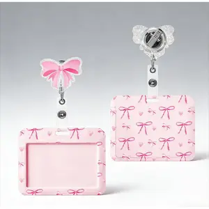 Pink Bow Coquette Badge Holder & Retractable Reel for Nurses Doctors Teachers Office Staff - 4.7x3.6 Inches Horizontal ID Holder with Alligator Clip & Clear Window