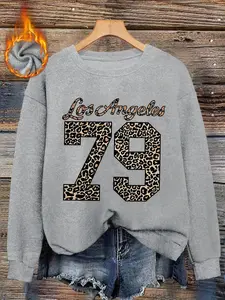 Fall and Winter Women's Fitted Casual Crew Neck Knitted Top, Knitwear, Leopard and Letter Pattern Stylish Casual Wear, Womenswear