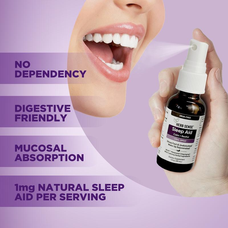 Herb Sense Melatonin Sleep Aid - 1 fl oz Oral Spray with 5-HTP & 50% Herbal Blend, Mucosal Absorption, 60 Servings, Vegan, Gluten & Sugar Free, Designed for Sensitive Stomach, Drug-Free Solution for Calm Sleep