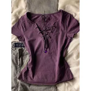 Harajuku Sexy T-Shirts Women Gothic Vintage Y2k Purple V-neck Tops Summer Retro Grunge Slim Up Solid T-Shirt Streetwear