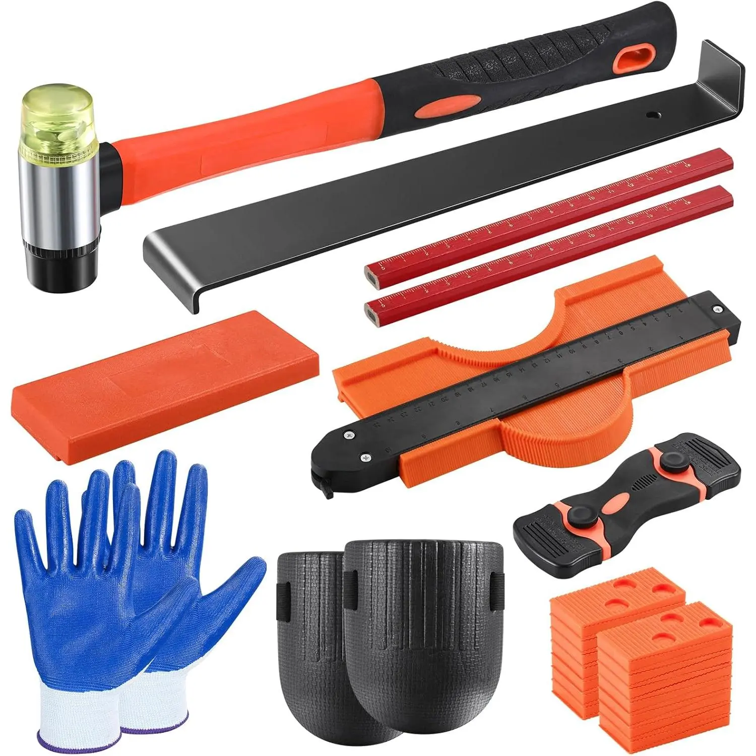 Flooring Installation Tool Kit, Complete Set with Rubber Mallet, Heavy-Duty Pull Bar, Tapping Block, 10-Inch Contour Gauge, Spacers & Protective Gear Knee Pads for Laminate Wood Floors, Fast Shipping