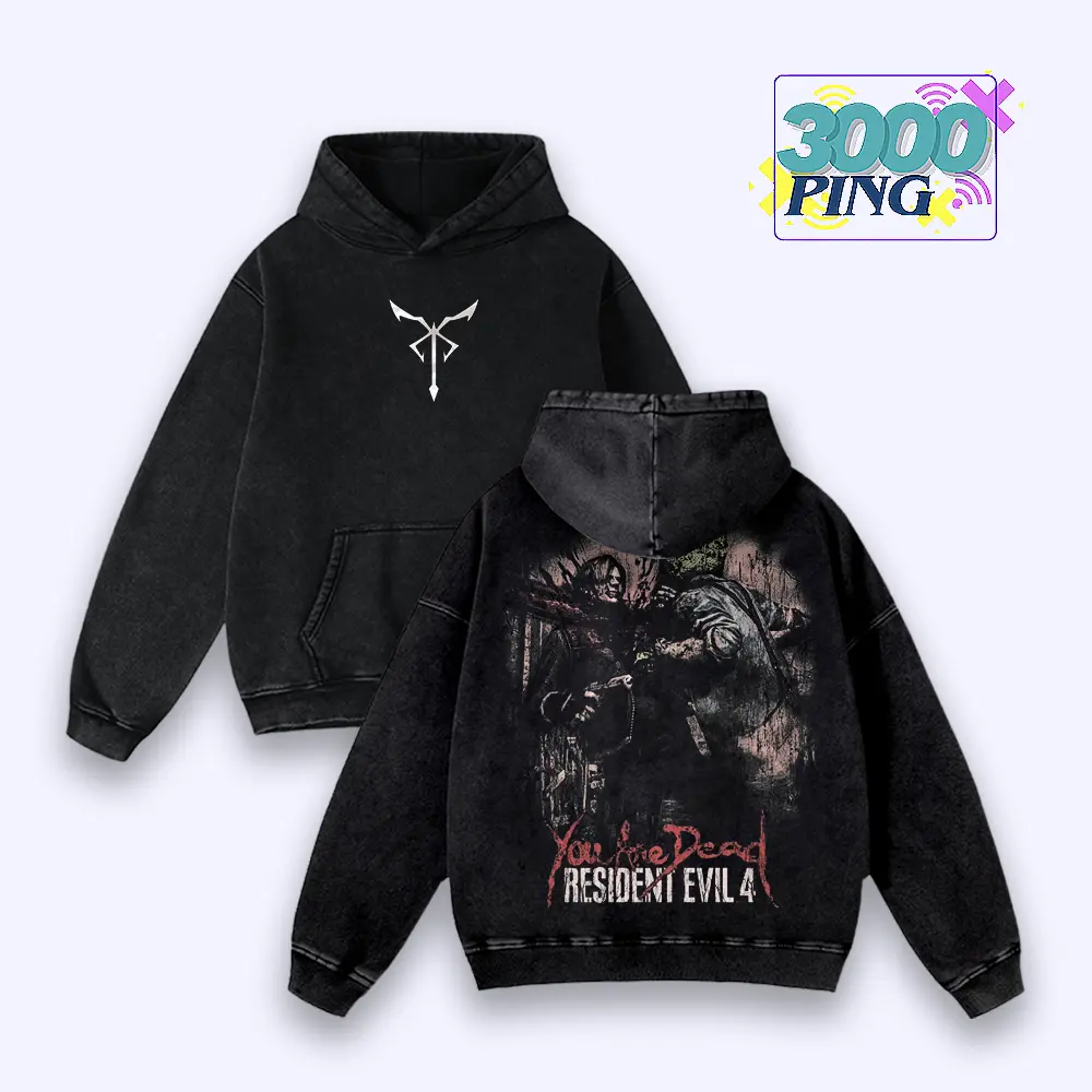 Resident Evil 4 Hoodie & T-Shirt Leon Kennedy Graphic, Vintage Acid Wash Apparel, Survival Horror Game Merch, You Are Dead Pullover, Unisex Cotton Top