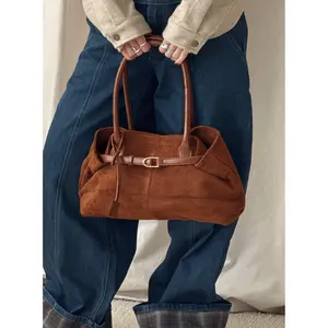 Yearning Faux Suede Buckle Detail Shoulder Bag Brown