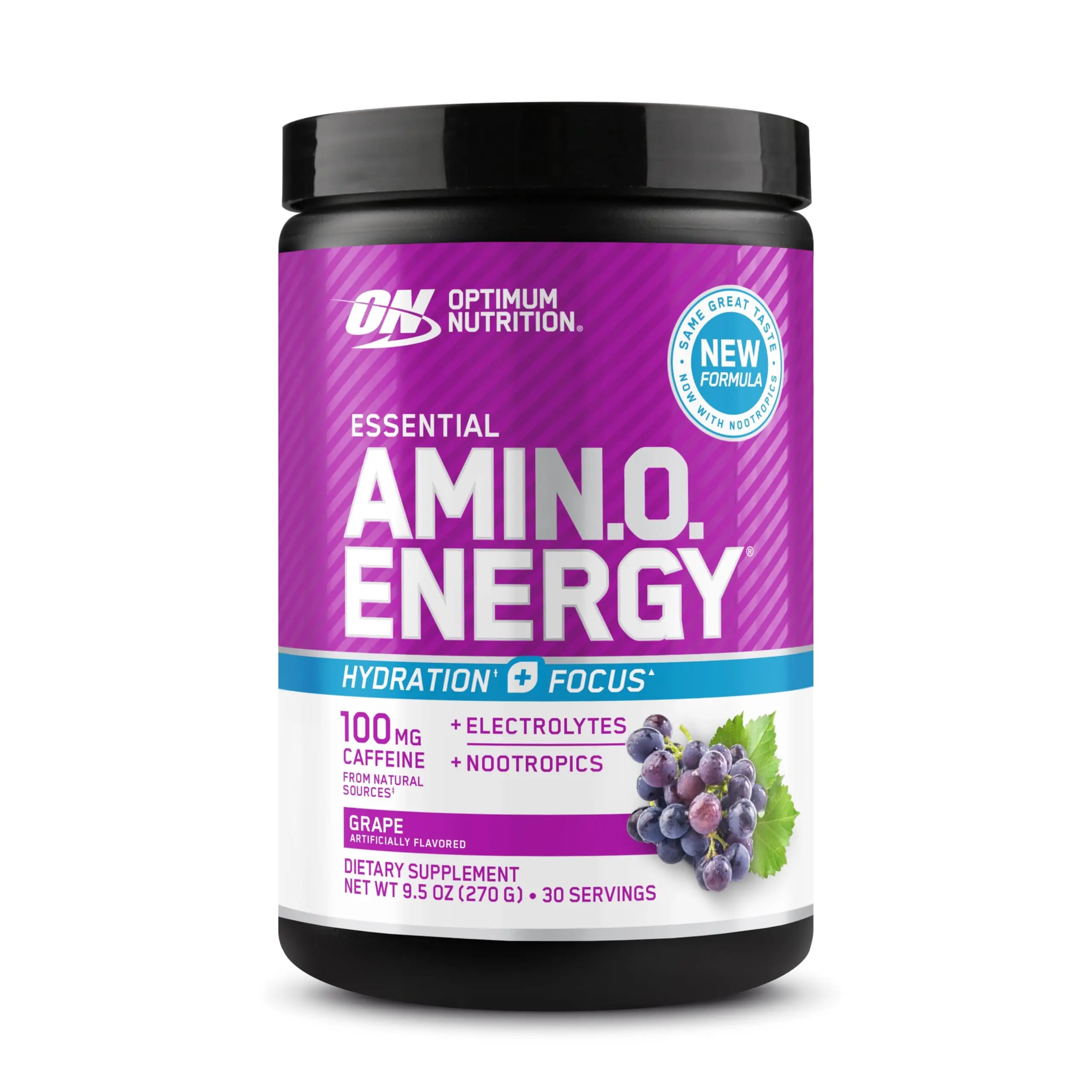 Optimum Nutrition Edible Sugar-Free Amino Energy Focus Dietary Supplement Powder - Adult Fitness Support, with BCAA, Electrolytes, Potassium, Caffeine, Grape Flavor, 30 Servings (Packaging May Vary)