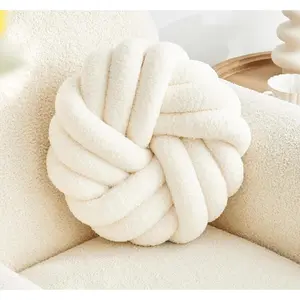 13.7'' Cream White Round Soft Plush Handmade Knot Ball Throw Pillow Modern Decorative Knotted Cushion for Bed Bedroom Sofa Couch