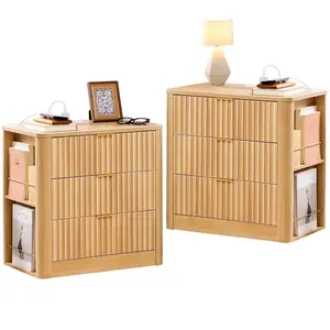 2PCS Fluted Nightstand with Charging Station Natural Oak