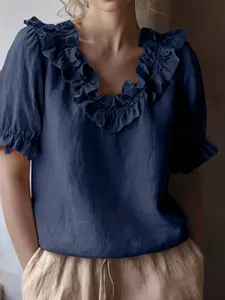 New Plus Size Women's Summer Vacation Style Casual Patchwork Ruffle Ruffled Loose Short Sleeve Top Blouses, Comfortable, Chic, Feminine and Stylish Clothing for Warm Weather