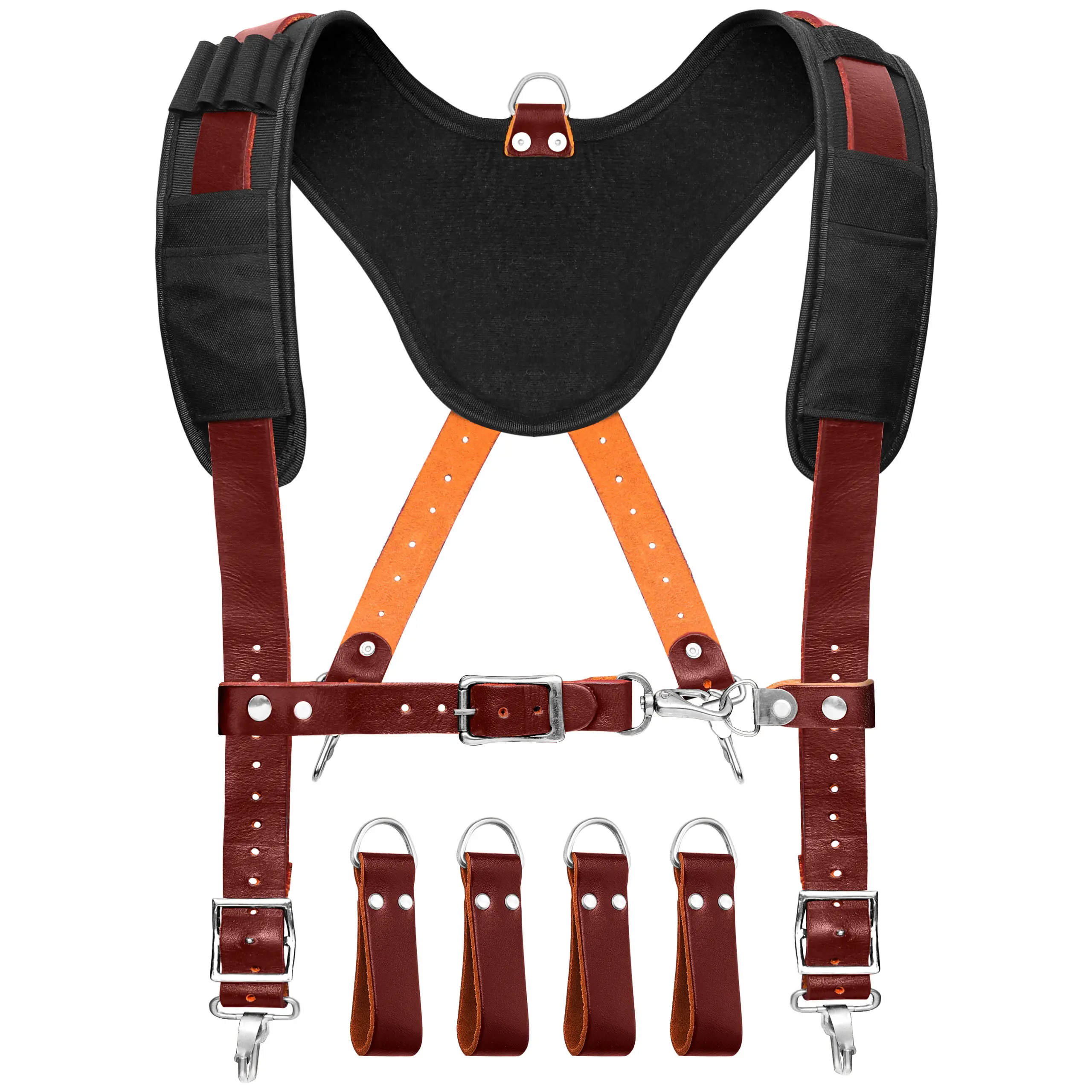 FUERI Adjustable Leather Tool Belt Suspenders - Detachable Foam-Padded on Shoulders, Reinforced for Carpenters & Electricians.