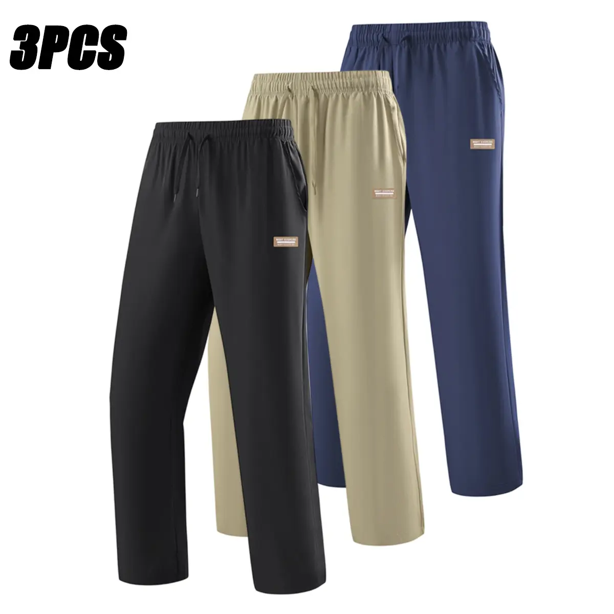 Men's 3-Pc Solid Color Slim Straight Sports Joggers - Knit Soft Gentle Stretchy High Elastic Fabric, Drawstring Adjustable Elastic Waistband, Side Pockets, Spring/Autumn Outdoor Casual Long Runner Wear, Adjustable Elastic Waistband Men's Sports Joggers, D