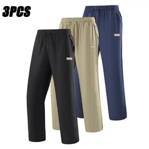 Men's 3-Pc Solid Color Slim Straight Sports Joggers - Knit Soft Gentle Stretchy High Elastic Fabric, Drawstring Adjustable Elastic Waistband, Side Pockets, Spring/Autumn Outdoor Casual Long Runner Wear, Adjustable Elastic Waistband Men's Sports Joggers, D
