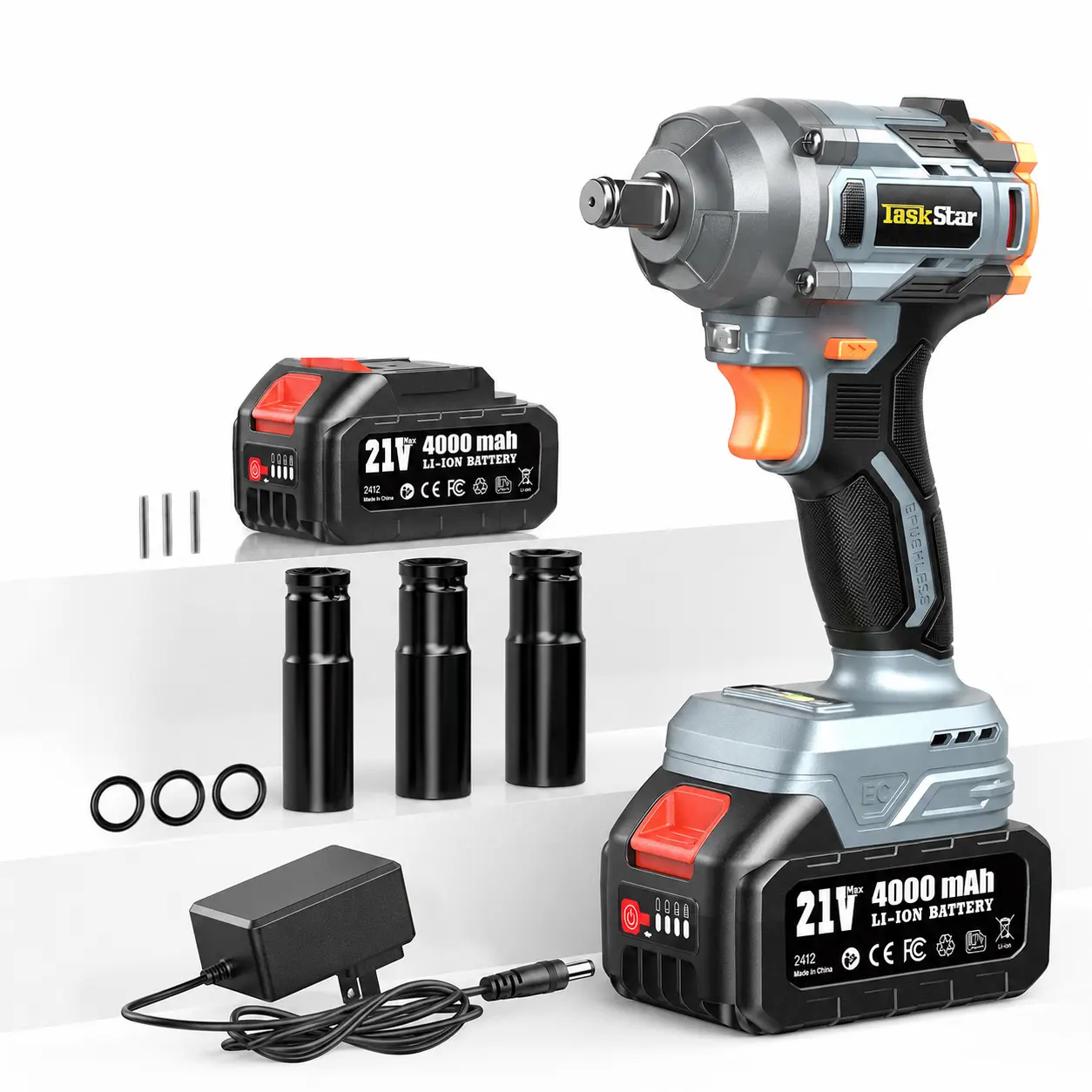 TaskStar Impact Wrench,1/2'' Cordless Electric Wrench, 3 Speed Powerful Brushless Impact Driver for Car, Pickup Nuts, 4.0Ah Battery, 3 Sockets, Fast charger, Storage Bag
