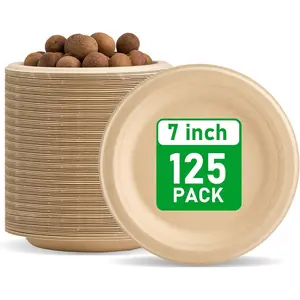 Biodegradable paper plates 7inch [125 pieces], disposable heavy-duty biodegradable paper plates, made from natural sugarcane fiber, unbleached brown, round