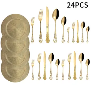 Gift Set 24-Piece Stainless Steel Court Diningware, Vintage Relief Design Western Cutlery, Craft Decorative Plastic Plates, Dinnerware Service Set
