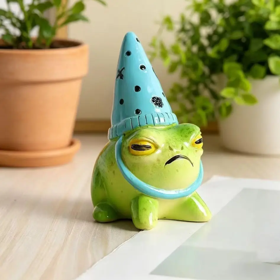 Funny Grumpy Frog Ceramic Figurine Cute Frog Garden Gnome Statue Quirky Desk Pet Miniature Animal Sculpture Aesthetic Room Home Office Decor Polka Dot Party Hat Frog Garden Statue, Outdoor Patio Lawn Ceramic Frog Plant Ornaments Toad Decoration Pack of 2