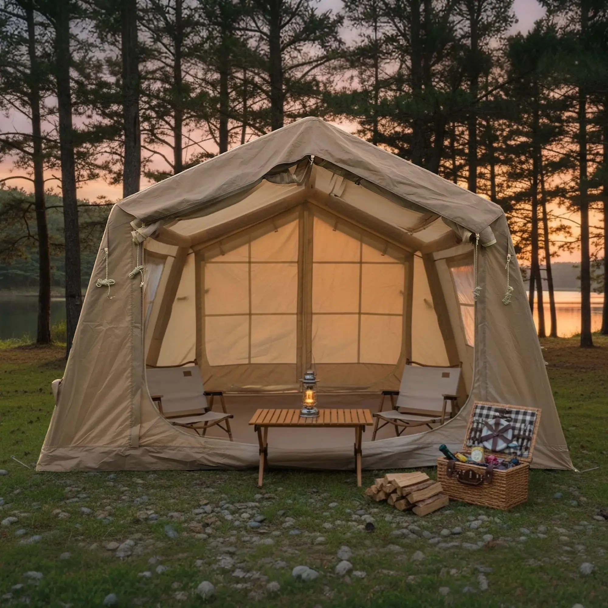 Large Inflatable Tent 4-6 Person, 5-Min Quick Setup Blow Up Tent with Stove Jack & AC Port, Waterproof Oxford Tent with Air Pump for 4 Season Camping