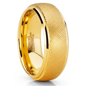 Mens Tungsten Ring Goldtone Wedding Band Dome Textured Brushed Comfort-fit 8MM
