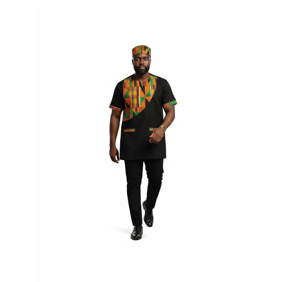 Menswear Men's Short-Sleeve Kente Accent Black African Tunic Top - Cap-Accent, Printed Design, Matching Trouser-Coordinating, Plain Elegance Blend of Traditional & Modern for Weddings, Cultural Events