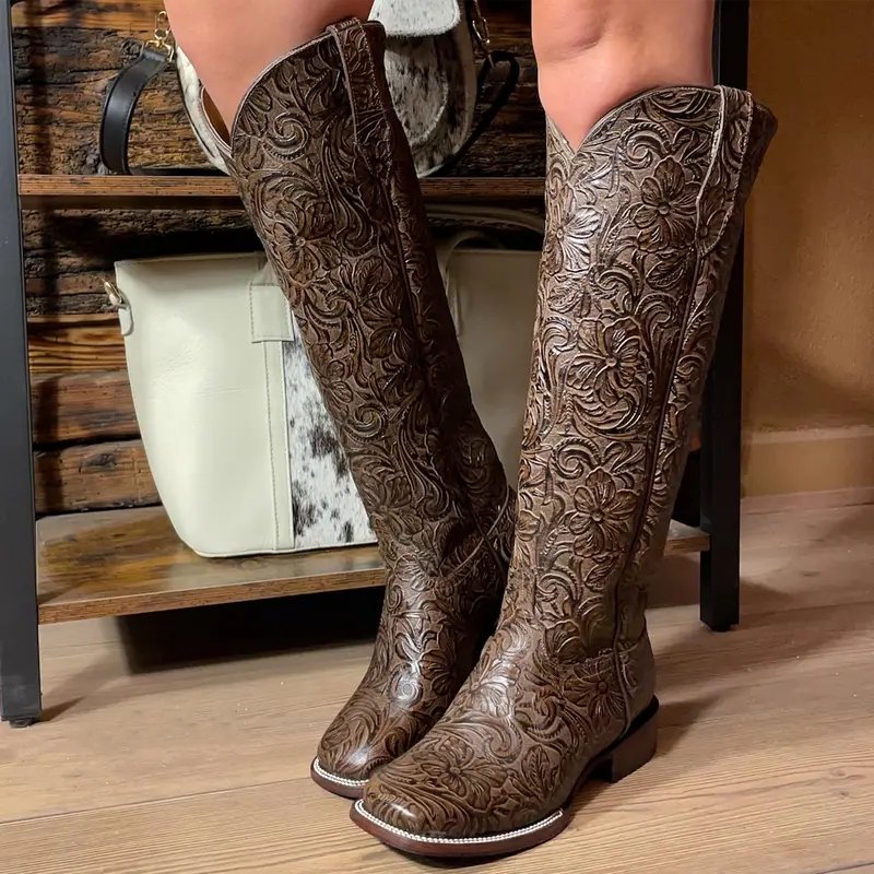 Lirac Brown Tall Tooled Square Toe Cowgirl Boots
