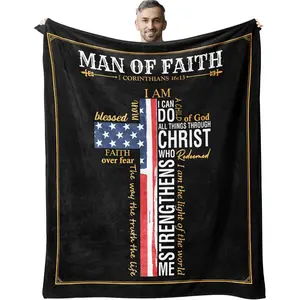 Christian Man of Faith Flannel Blanket - Bible Verse, American Flag, Cross Print, Soft Cozy Warm Fuzzy Plush Throw, I Can Do All Things Through Christ, Perfect Father's Day Gift for Christian Men, Bedroom Sofa Decor