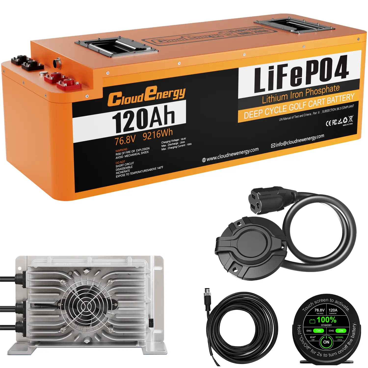 72V(76.8V) 120AH LiFePO4 Lithium Golf Cart Battery Built-in 200A BMS,3C Discharge,with 20A Charger,Mobile APP,Touch Monitor,6000+ Cycles,for Golf Carts