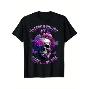 Men's & Women's Vintage Graphic T-Shirt Edgy Skull & Floral Print with "Underestimate Me" Slogan, Round Neck Short Sleeve Tee for Gym & Casual Wear, Machine Washable, Gift-Ready, Unisex Clothingvintage graphic tees Menswear Soft Top Breathable