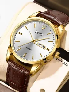 Men's Classic Business Pu Leather Strap Digital Hands Quartz Watch, Casual Trendy Wristwatch, Trendy Fashion Round Dial Quartz Watch, Luxury Holiday Birthday Gift, without Box