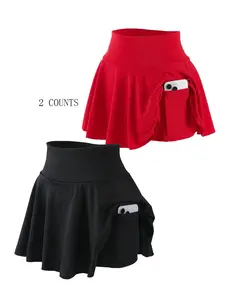 Women's Plus Size Plain Outdoor Sport Golf Tennis Skirt, Comfortable Casual High Waist Pleated Short Skirt with Lining and Pockets, Pocket Design Skort