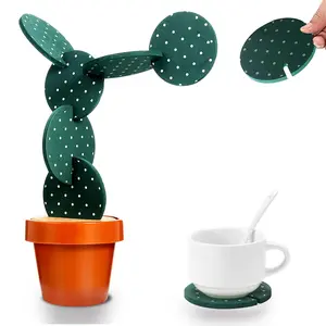 Coasters Cactus Set of 6 DIY Funny Coasters for Drinks with Flowerpot Holder,Novelty Coasters Cactus Gifts for Bar Home Decor (Green with Point) Coffee Table