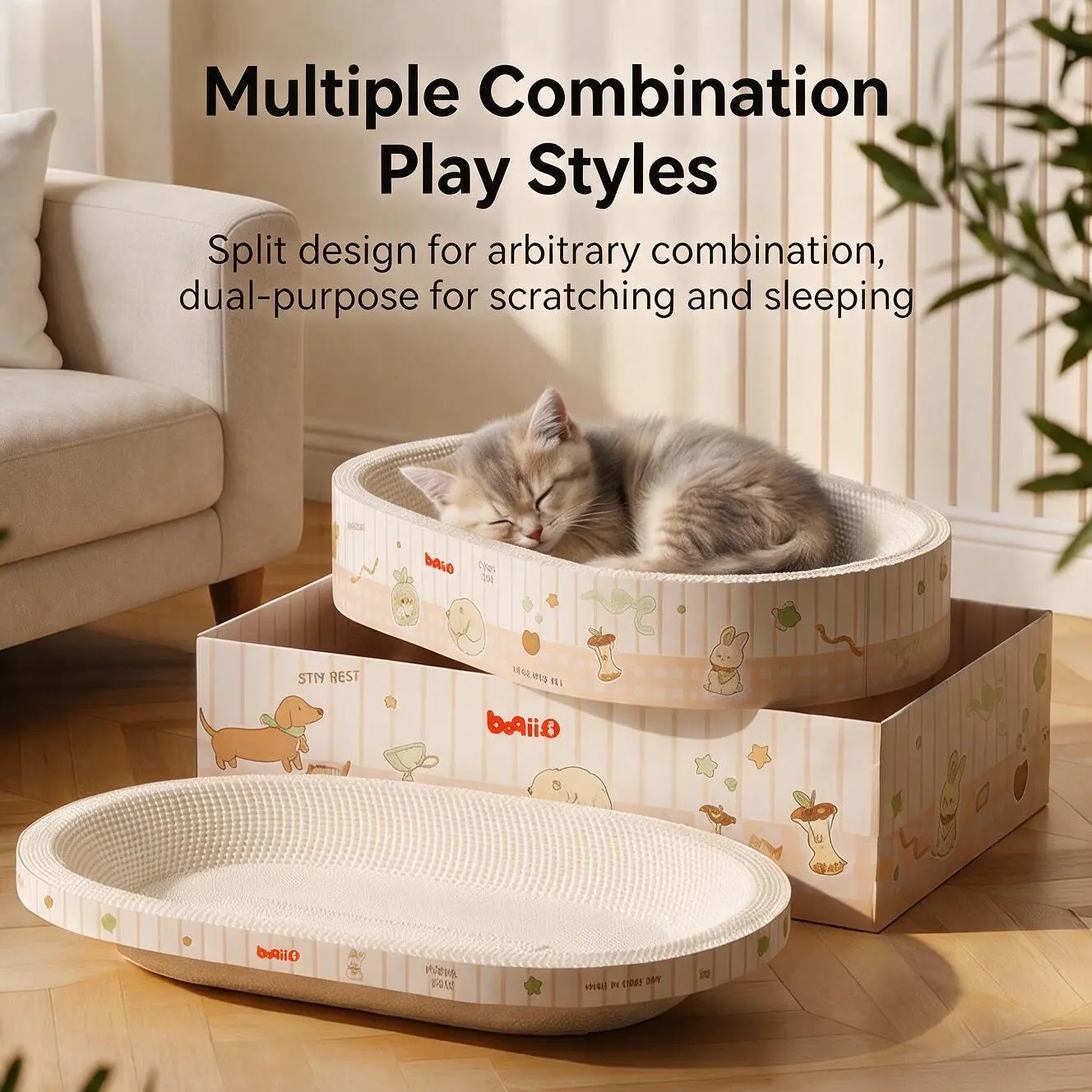 3 Pack Cat Scratcher Bed, Oval Cardboard Cat Scratcher Cat Scratch Pad Board Lounge Couch for Indoor Cats Bowl Shaped Cat Scratching Post Nest for Cats Grinding Claw Furniture Protector