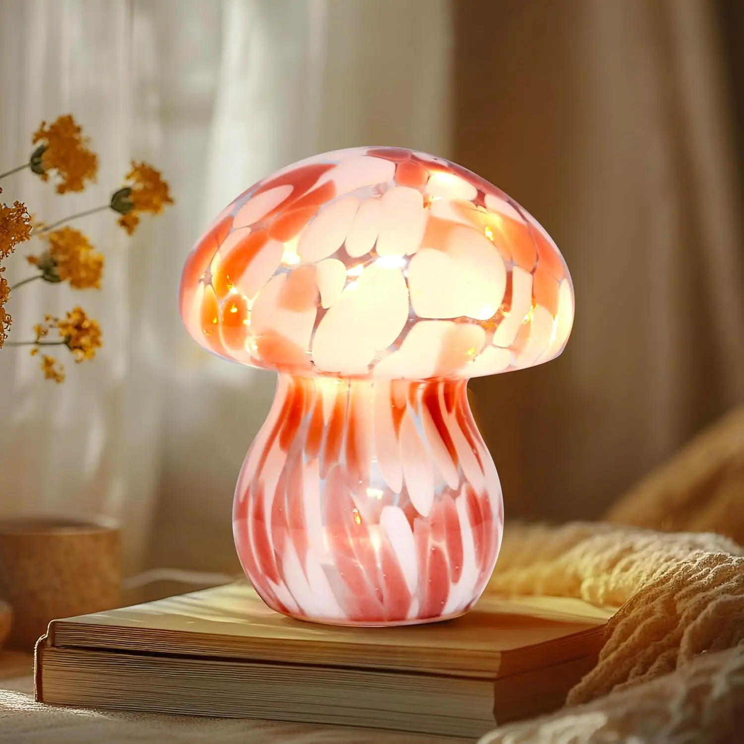 Glass Mushroom Table Lamp, 5.9" Cute LED Night Light for Home Decor,  Operated (3 ), Modern Ambient Light for Living Room Bedroom Office Light Pink