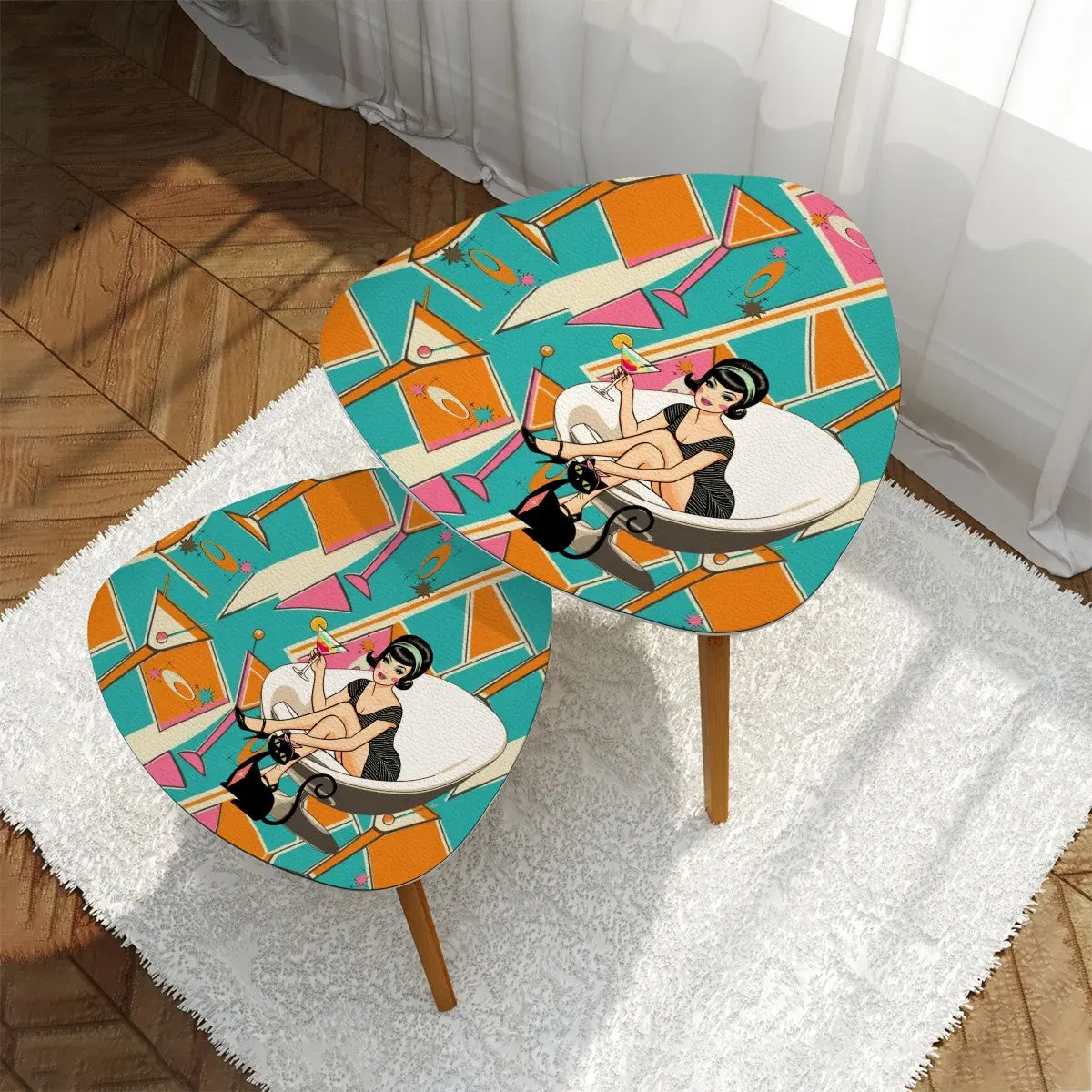 Atomic Cocktail Mid Century Modern Nesting Tables, Kitschy Mod Atomic Cat, Retro Gal, MCM Furniture