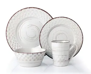 212 MAIN 16-Piece Modern Distressed Weave Stoneware Tableware Set - Service for 4, White Mugs, Cereal Bowls, Complete Dinnerware