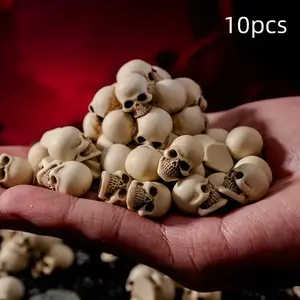 Mini Resin Skull Decorative Sculptures Set of 10, Halloween Human Skeleton Decorations, Gothic Home Garden Ornaments, No Battery Required