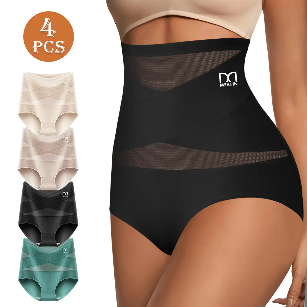 Women's Cotton Shaping Panties 3/4-Pack, High-Waist Crossover with Silk Crotch, Smooth Tummy Control and Hip Lift, Comfy, Shapewear, Breathable, Silky, Day, Polyester, Preppy, Basics, Modest, Romance, Elegant