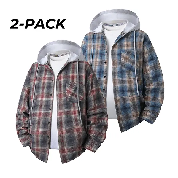 2-Pack Men’s Hooded Plaid Flannel Shirt, Casual Loose Jacket, Street Style, Long Sleeve Button Outerwear, Men’s Top/Jacket