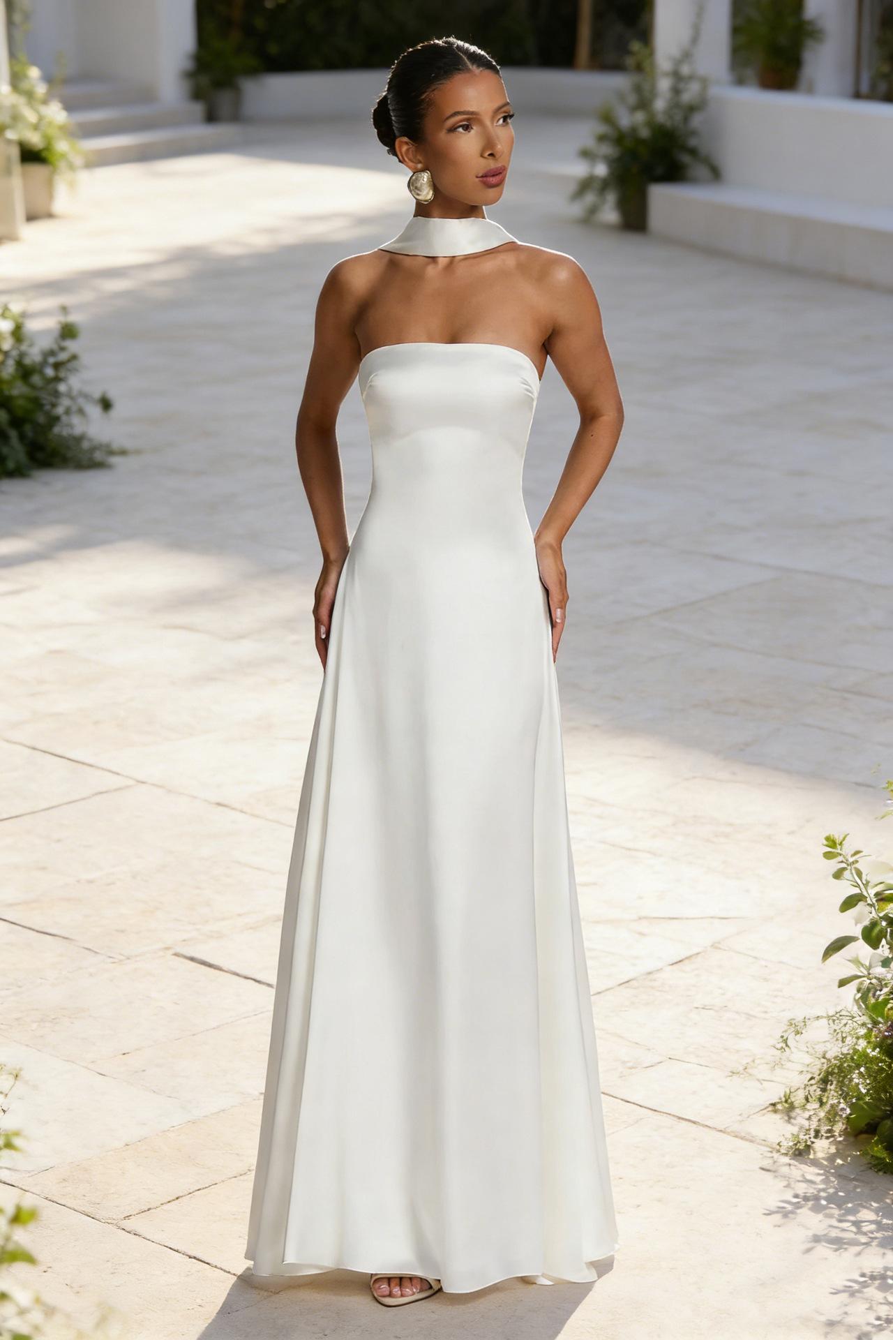 Womens Backless Tube-Top Waist-Cinching Evening Gown Long Dress