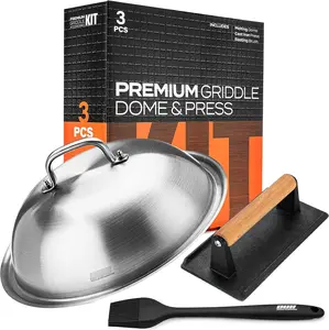 OUII Premium Griddle Dome & Press Kit - 12 Inch Round Stainless Steel Basting Cover, Cheese Melting Dome, Rectangular Shaped Cast Iron Steak Meat Bacon Press Wood Handle & Silicone Basting Utensils for Indoor Grilling