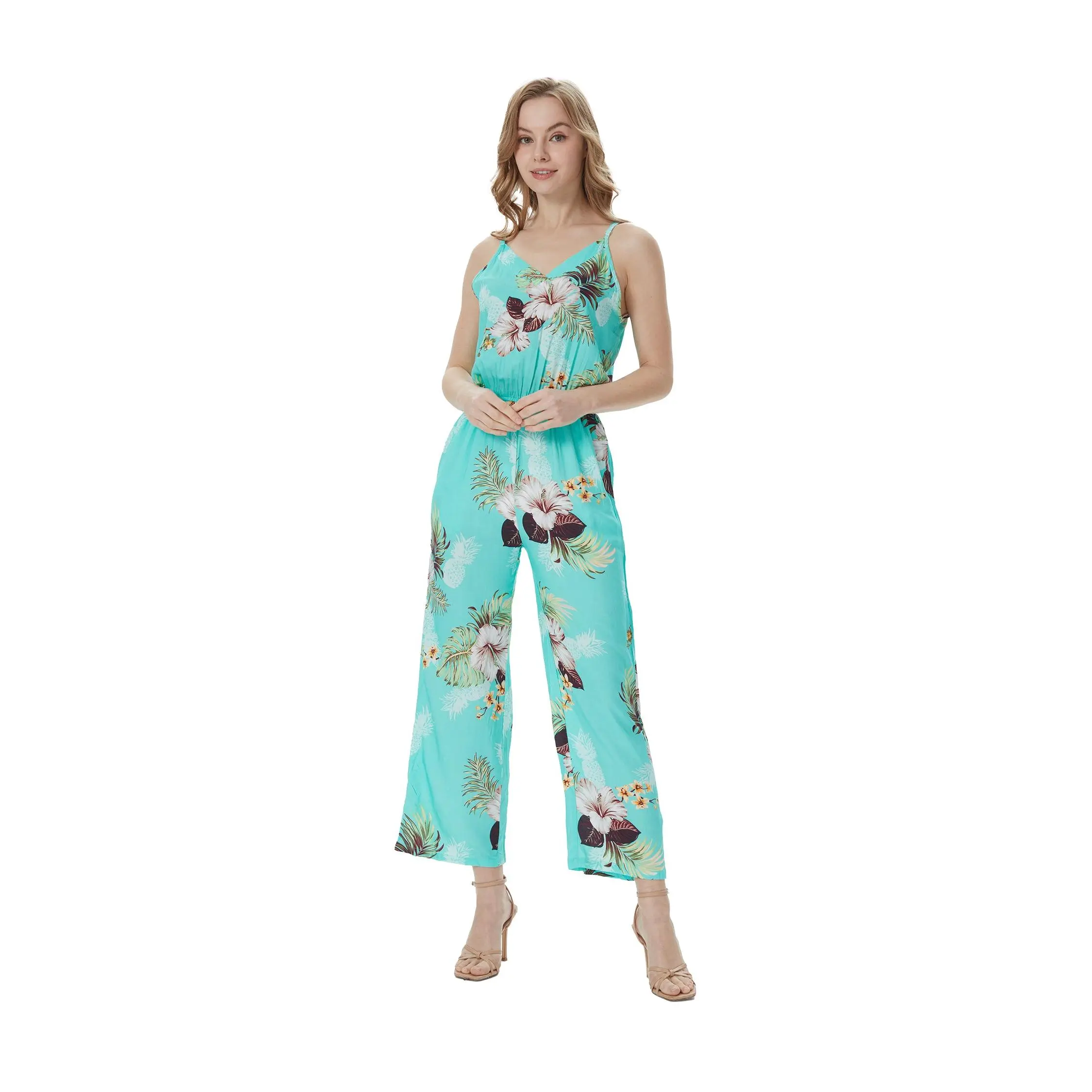 Women's Strap V with Pockets Jumpsuit  in Pineapple Garden Turquoise