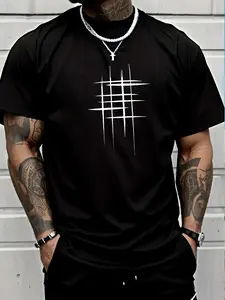 Men's Casual Short Sleeve T-Shirt - Round Neck, Soft Polyester Fabric, Geometric Black Line Design, Summer Style Tee for Casual Attire