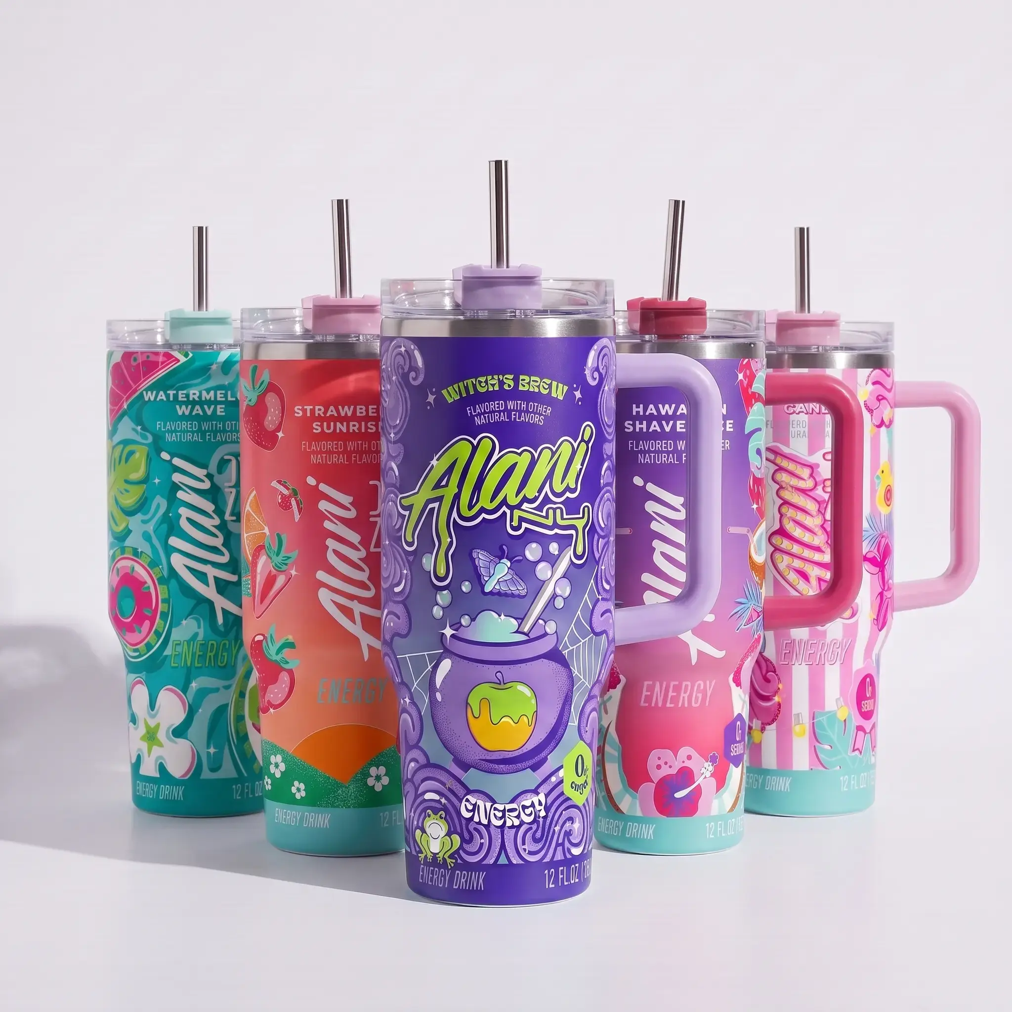Alani Nu Full Color Tumbler With Handle - Witches Brew Energy Drink for Extreme Sports Athlete - Purple Cotton Candy, Hawaiian Shaved Ice, Witch's Brew Insulated Travel Mug With Straw Lid Portable Water Bottles Drinkware Reusable