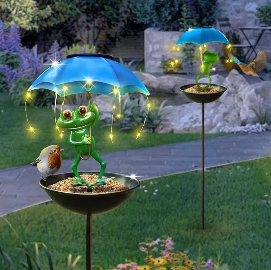 Solar Powered Frog Bird Feeder - Outdoor Waterproof Garden Decor with Umbrella, String Lights, Bird Bath for Yd Patio Lawn Hummingbird Feeding Path Accent, Whimsical, Feeds Birds, Led Fairy Lights