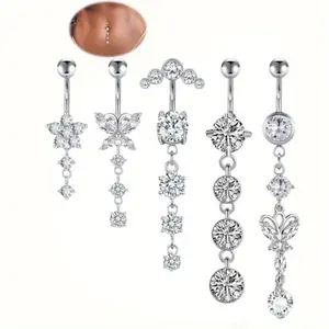 5PCS Women's Belly Button Rings Dangle Surgical Steel Navel Ring Barbell Silvery for Body Piercing Jewelry festival beach gift Boho Set