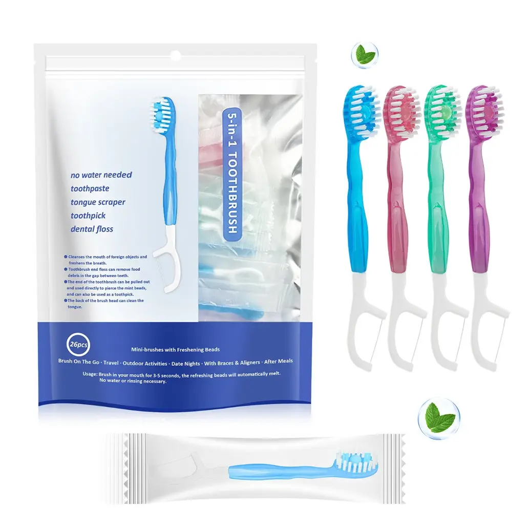 5-in-1 Toothbrush with Functions: Brushing, Flossing, Tongue Scraping & Tooth Picking, 26-Piece Soft-Bristle Oral Care Toothbrush for Travel and Business Trips