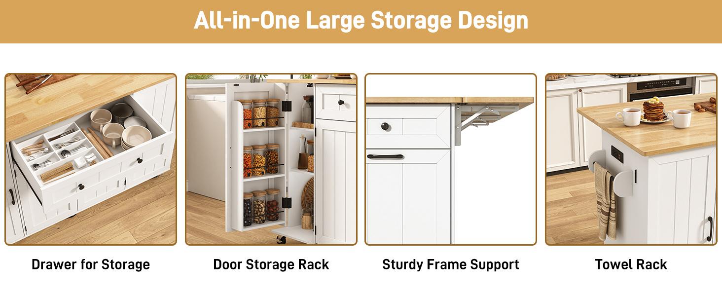 59" Rolling Kitchen Island Table on Wheels with Power Outlet & Drop Leaf, Mobile Kitchen Cart with Hidden Trash Storage Cabinet, Towel Rack for Kitchen