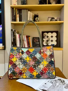 Genuine Leather Mega Crossbody Tote - Large Capacity, Top Layer Leather, Simple Shoulder Bag, Adjustable Strap, Colorful Patchwork Design, Dry Clean Only-4028-1