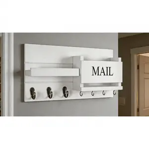 Rustic White Wooden Wall-Mounted Mail Organizer with Key Hooks and Shelf, for Entryway Storage and Farmhouse Decor (SURE)