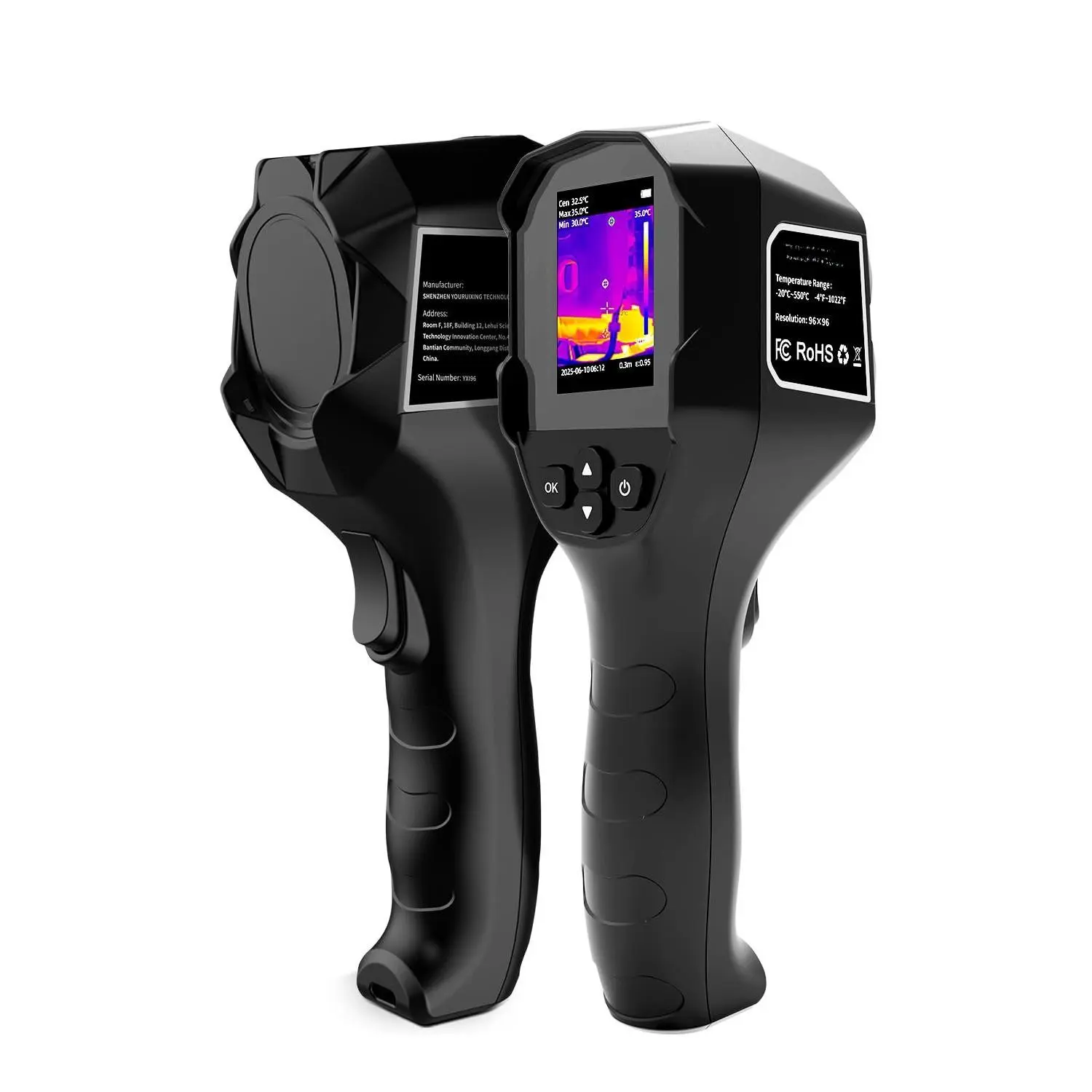 Compact Handheld Thermal Imaging Camera with 25Hz Refresh Rate, 96×96 Sensor, TISR 240x240 Display, -4°F to 1022°F Temp Range, Adjustable Alarms, IP54 Rating for Automotive & Industrial Use, Flexible Display Modes