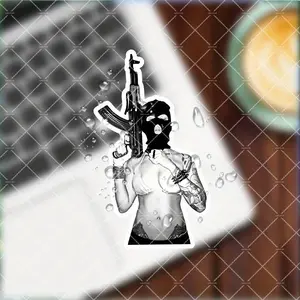 Edge Sexy Bikini Model with Rifle&ski Mask Villain Design - Matte Waterproof Vinyl Sticker, Suitable for Laptops, Motorcycles, Cars, Helmets, Skateboards - Scratch Resistant Graphic Decoration, Laptop Light Beige, Avant-garde Aesthetics, Durable Adhesive