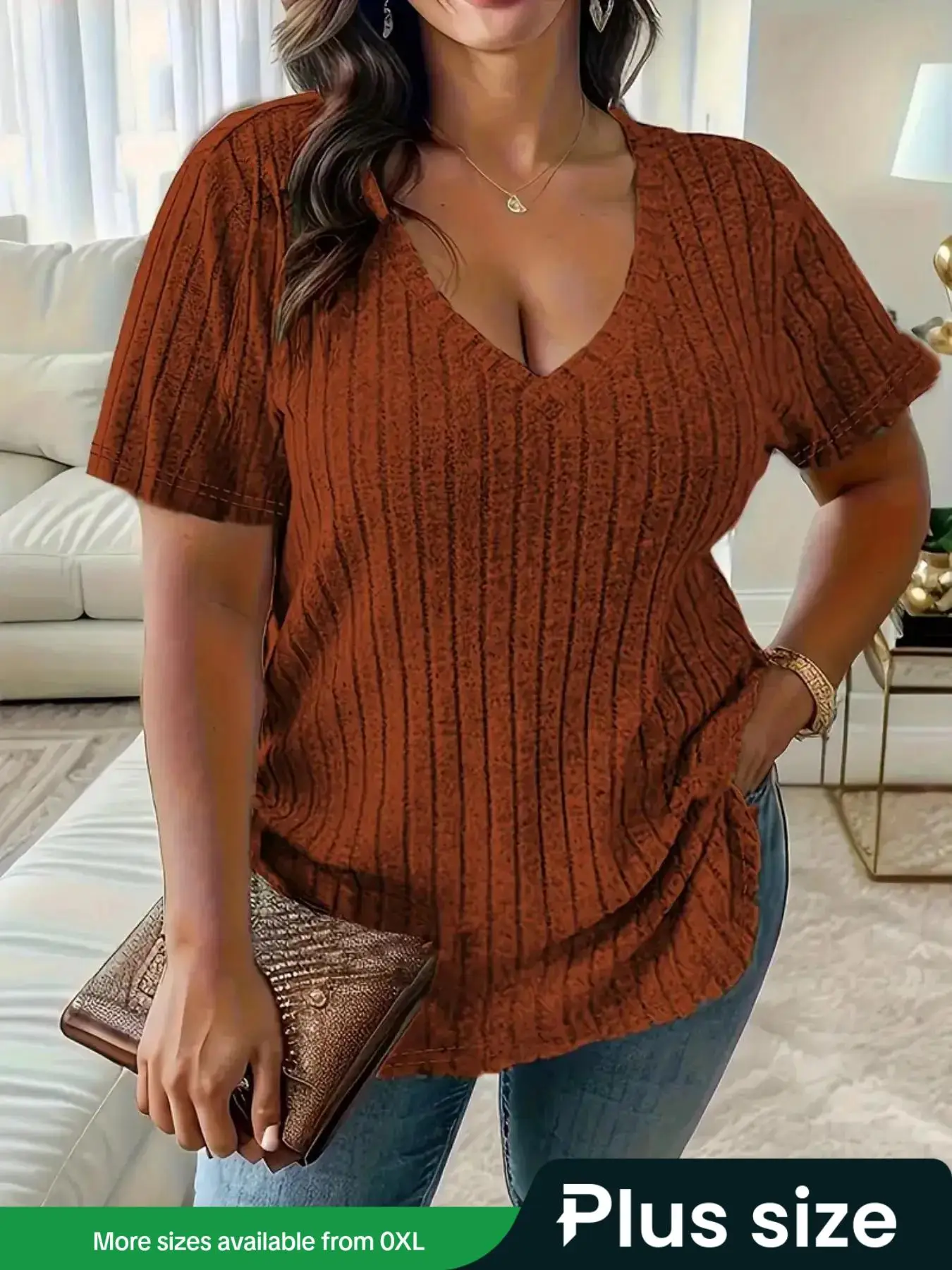 【 Plus Size】plain V Neck Vneck Tee, Lady Casual Basic Cute Fitted Short Sleeve T-shirt for Summer, Women's Plus Clothing for Daily Wear, Going Out Top