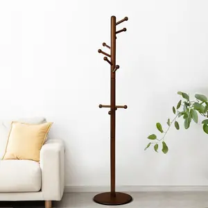 Freestanding Wooden Coat Rack Stand - Hall Tree with 11 Round Hooks, Solid Round Base, and 3 Adjustable Heights for Hats, Clothes, Handbags, and Umbrellas - Brown